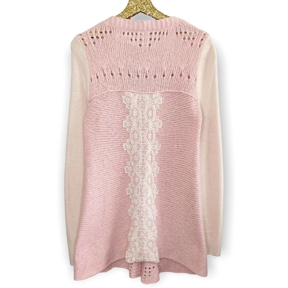 Free People Pinwheel Cardigan Lace Back Long Pink Wool Button Sweater Medium - Picture 2 of 11